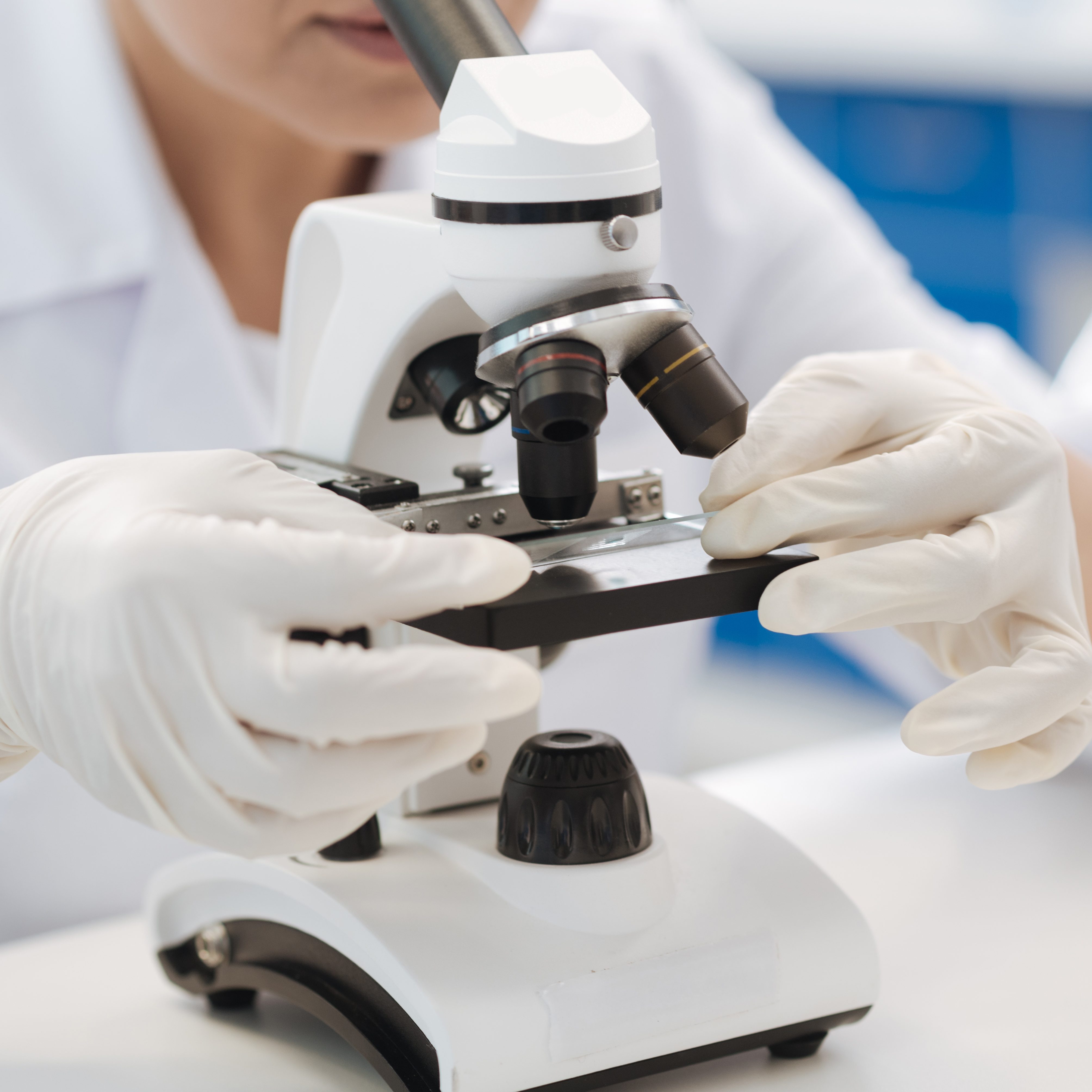 Microbiological research. Close up of a modern professional microscope being used for a microbiological research